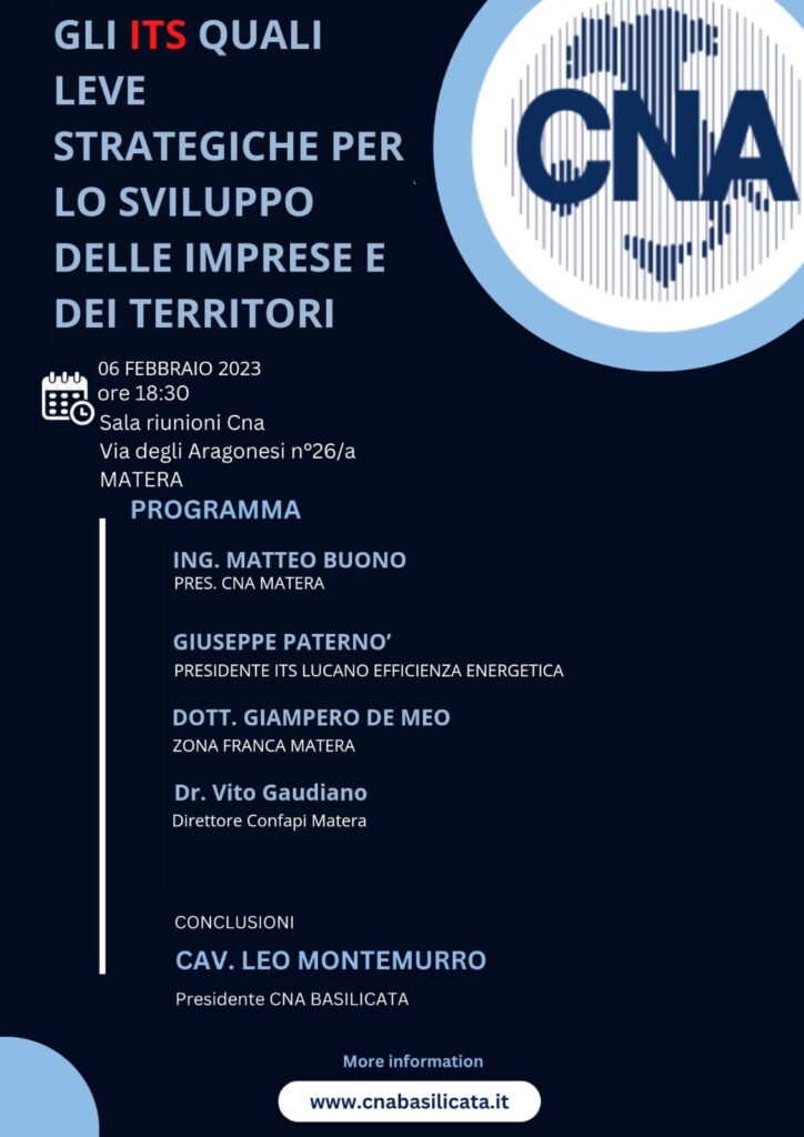 CNA: Seminario del 6 febbraio 2023 "GLI ITS - Istituti Tecnici Superiori - quali leve strategiche per lo sviluppo delle imprese e dei territori