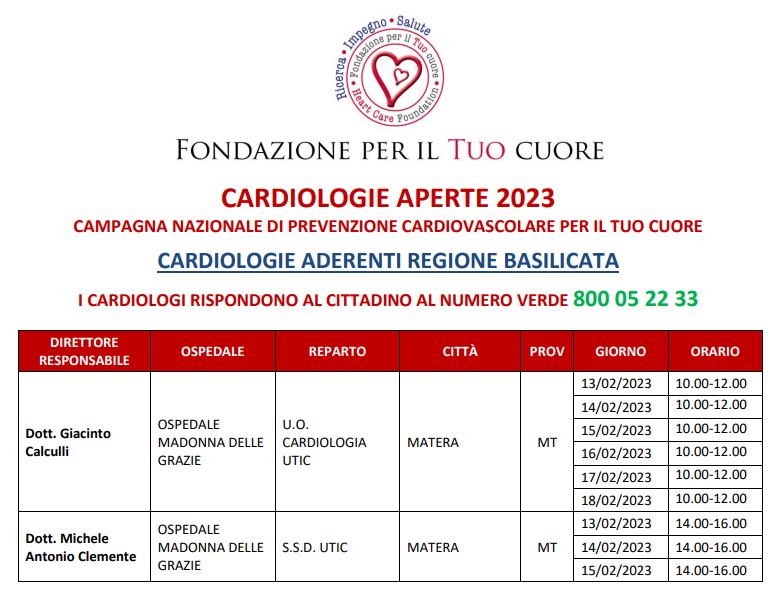 L’Ospedale Madonna delle Grazie di Matera aderisce all’iniziativa “Cardiologie Aperte 2023” dal 12 al 19 febbraio