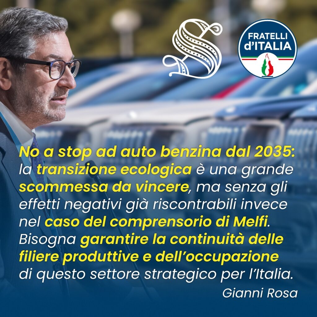 “Lo stop Ue alle auto a benzina e diesel del 2035,per il quale l’Italia ha annunciato voto contrario creerebbe conseguenze per un settore strategico della nostra Nazione come quello dell’automotive”.