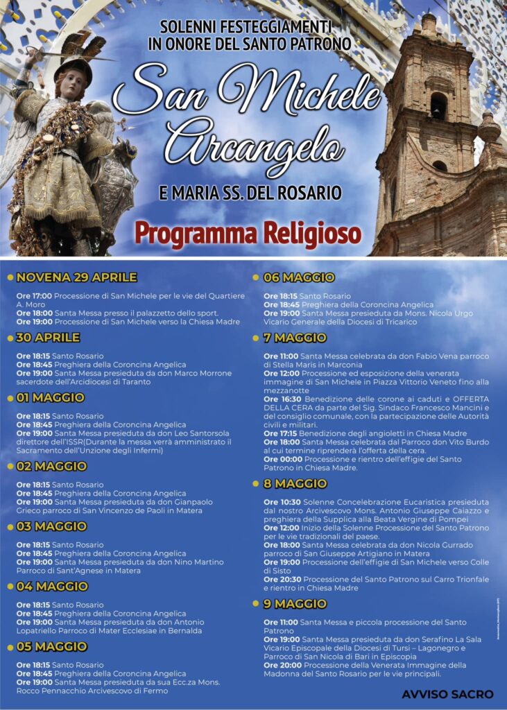 POMARICO. DAL 7 al 9 MAGGIO 2023 SI CELEBRA LA FESTA DI S. MICHELE ARCANGELO pomarico