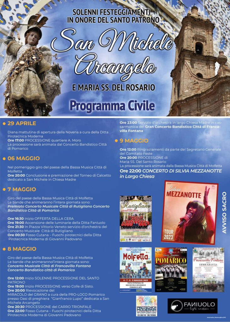 POMARICO. DAL 7 al 9 MAGGIO 2023 SI CELEBRA LA FESTA DI S. MICHELE ARCANGELO pomarico
