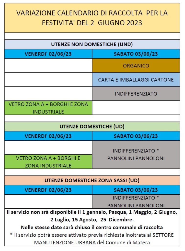 Interruzione e variazione della raccolta rifiuti per la festivita del 2 giugno variazione