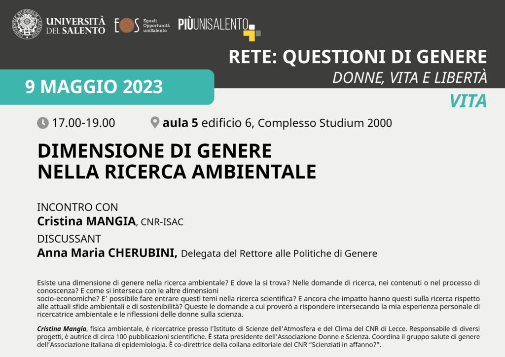 9 maggio seminario dimensione di genere nella ricerca ambientale seminario