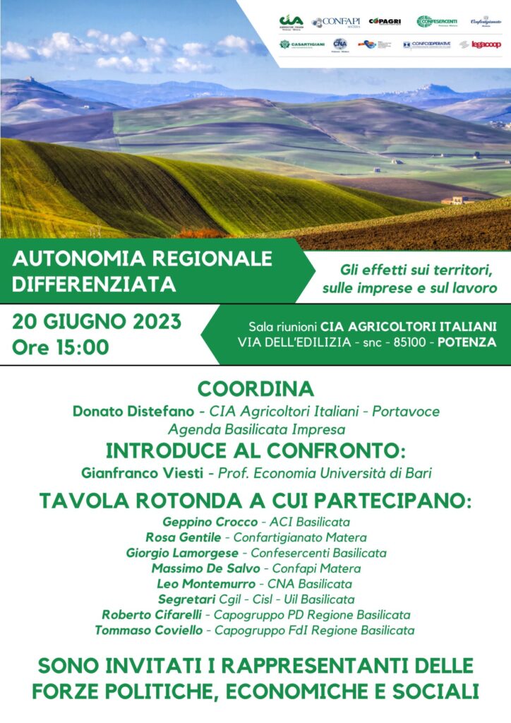 Autonomia differenziata: incontro domani Agenda Basilicata Imprese basilicata