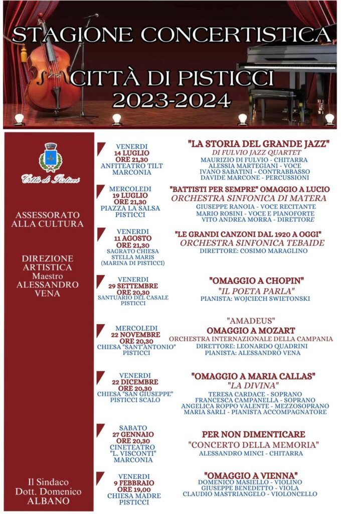 PISTICCI. Parte la seconda edizione della stagione concertistica comunale Stagione concertistica