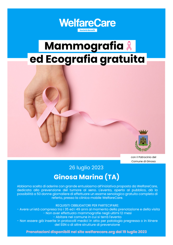 PREVENZIONE TUMORE AL SENO, IL 26 LUGLIO A MARINA DI GINOSA (TA) SCREENING GRATUITI PER LE GIOVANI DONNE prevenzione