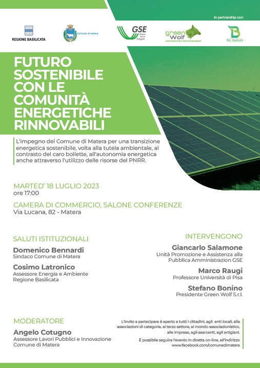 Martedì 18 luglio, alle ore 17 nel salone della Camera di commercio di Basilicata, il secondo incontro divulgativo per l’avvio delle Comunità energetiche rinnovabili commercio