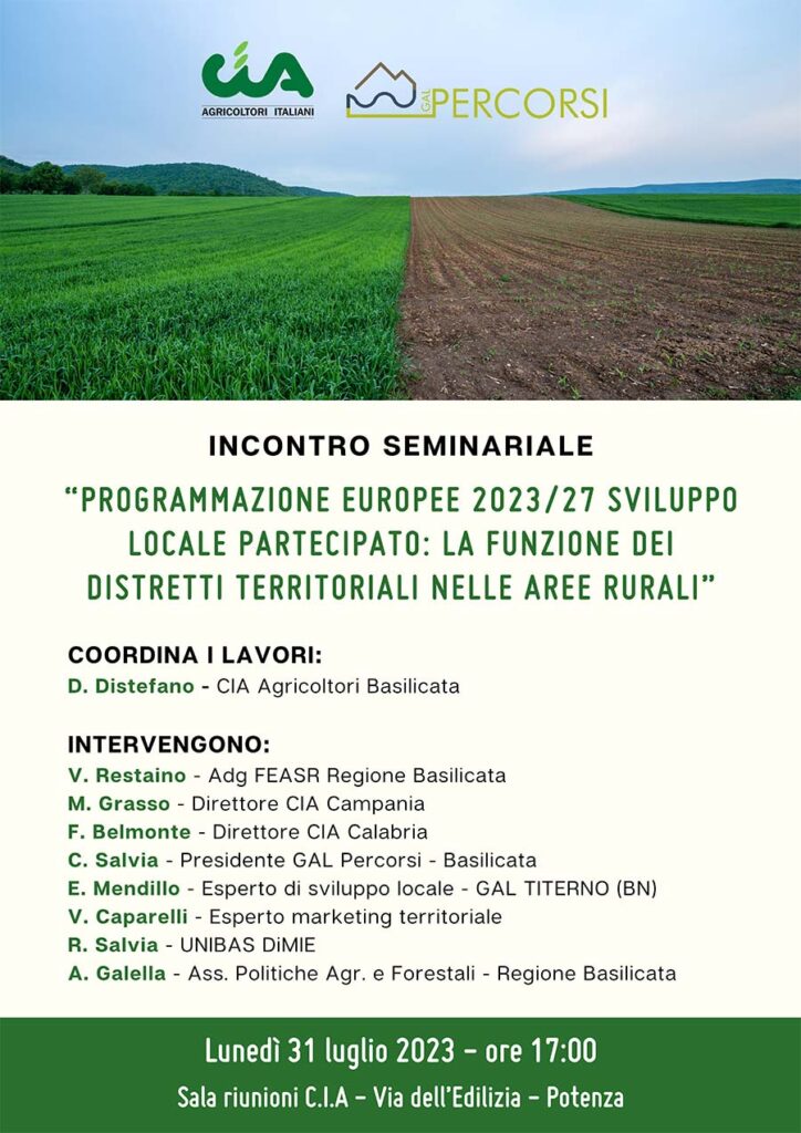 “Programmazione Europee 2023/2027 sviluppo locale partecipato: la funzione dei distretti territoriali nelle aree rurali". sviluppo