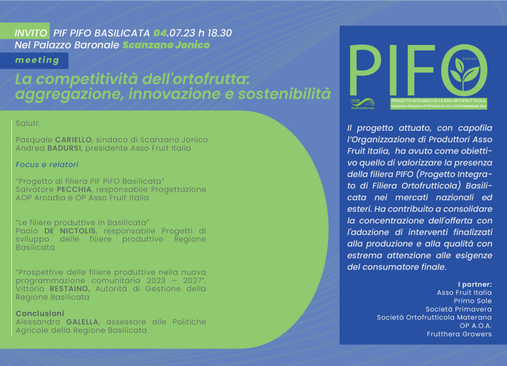 Pifo Basilicata: “La competitività dell’ortofrutta: aggregazione, innovazione e sostenibilità”. Pifo Basilicata