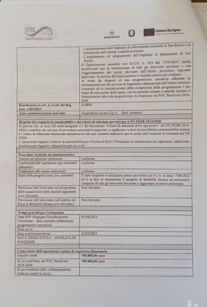 Vito Di Trani: la tela di Penelope. Anna Maria Quarato: la realizzazione del collettamento era imminente penelope