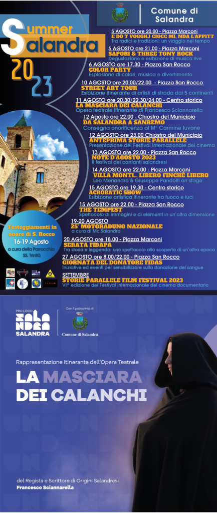 Evento di presentazione e promozione dell’opera teatrale “La masciara dei calanchi” e delle attività connesse in previsione dell’estate 2023 della Pro Loco di Salandra e del Comune di Salandra. evento