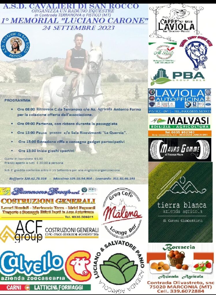 a.s.d. cavalieri di san rocco il 24 settembre organizza il “primo memorial luciano carone” 1 img 20230916 wa0006 radio laser news matera potenza puglia basilicata