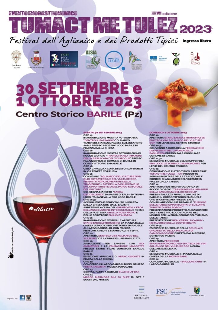 A Barile, il Festival dell’Aglianico del Vulture e la Sagra Tumact Me Tulez inaugurano la stagione delle sagre autunnali lucane aglianico