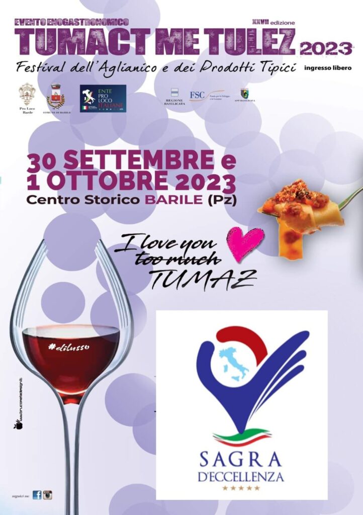 A Barile, il Festival dell’Aglianico del Vulture e la Sagra Tumact Me Tulez inaugurano la stagione delle sagre autunnali lucane aglianico