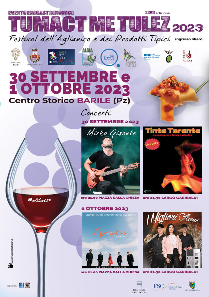 A Barile, il Festival dell’Aglianico del Vulture e la Sagra Tumact Me Tulez inaugurano la stagione delle sagre autunnali lucane aglianico