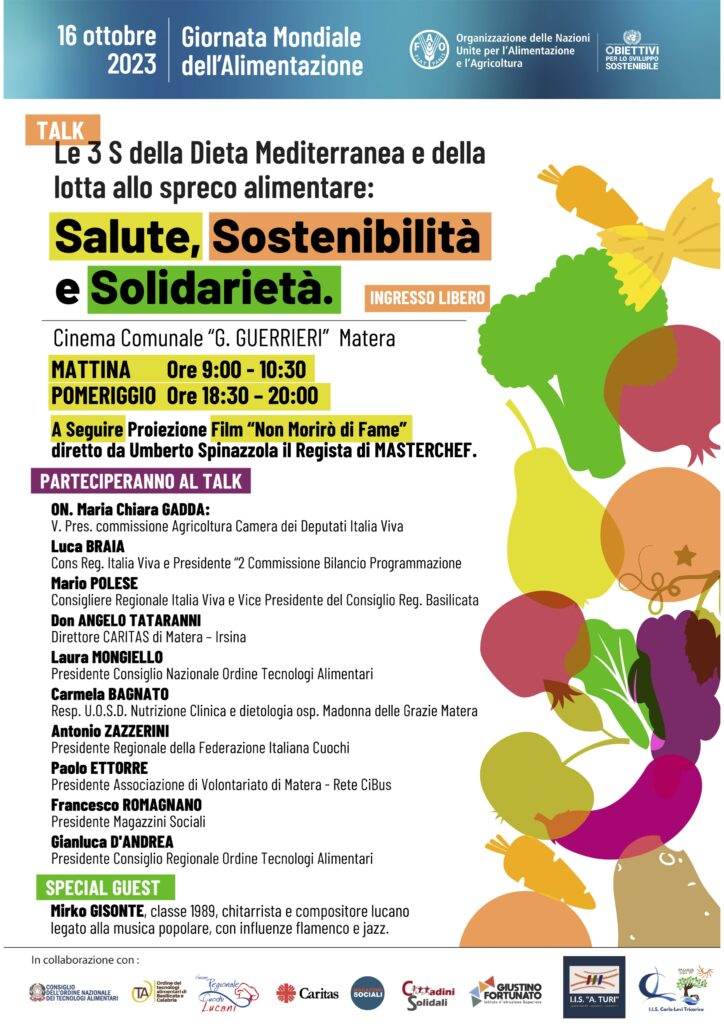 Le 3 S della Dieta Mediterranea e della lotta allo spreco alimentare: Salute, Sostenibilità e Solidarietà. Iniziativa Giornata mondiale dell’Alimentazione a Matera il 16 ottobre