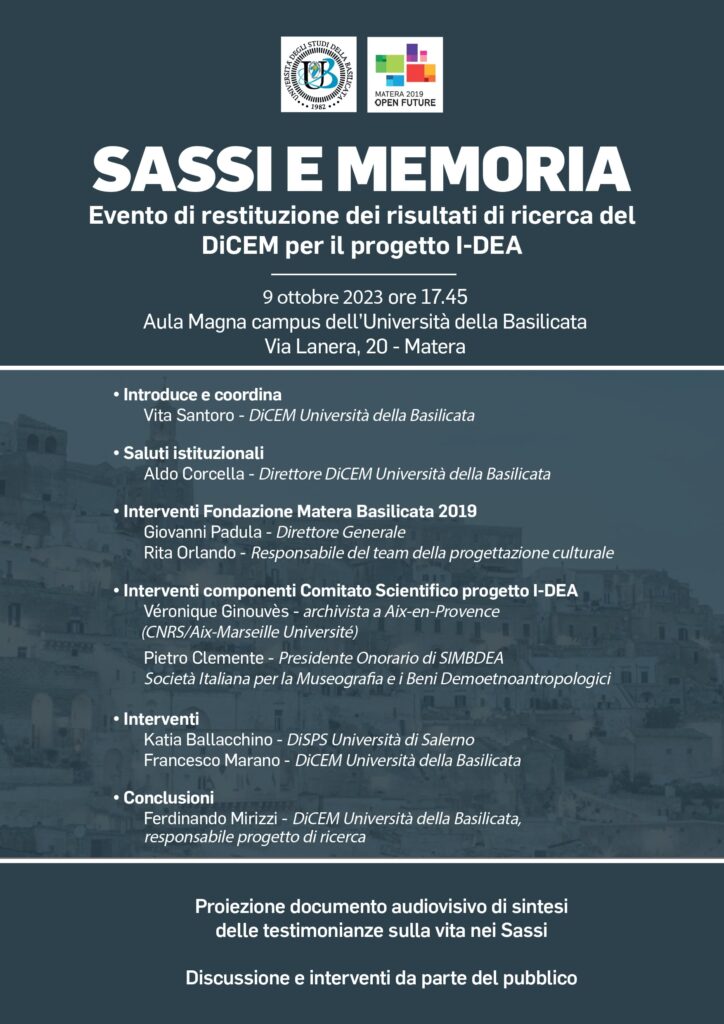 "Sassi e Memoria”, restituzione dei risultati della ricerca dell’Università della Basilicata per il progetto I-DEA di Matera 2019