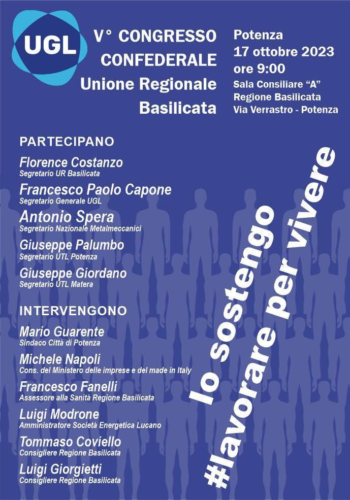 Potenza. Domani 17 ottobre, alla presenza del Segretario Generale Ugl Paolo Capone si svolgerà il V° Congresso Ugl Basilicata. ugl