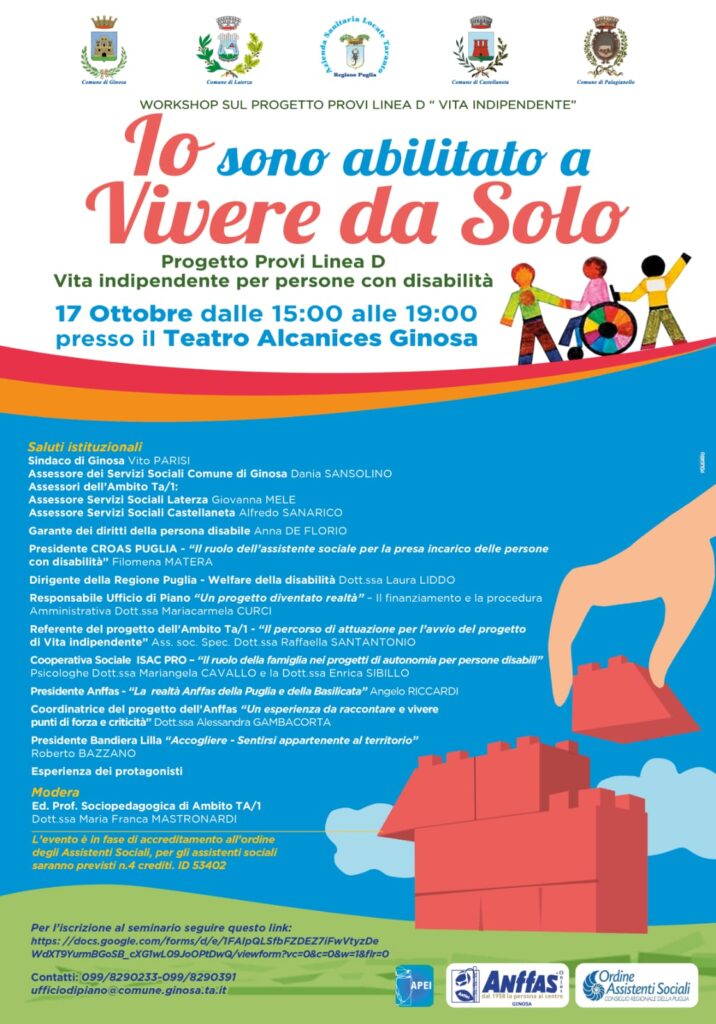 DISABILITA’, “IO SONO ABILITATO A VIVERE DA SOLO’’: WORKSHOP IL 17 OTTOBRE A GINOSA (TA) disabilita
