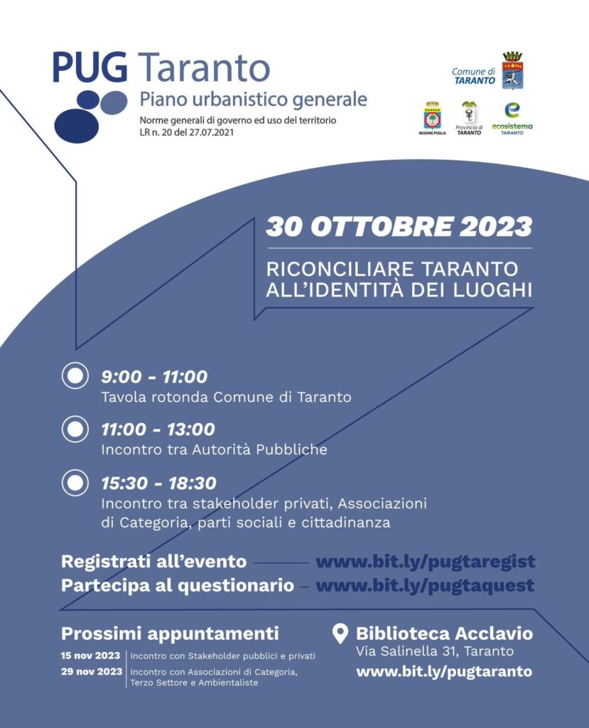 Il prossimo 30 ottobre partirà il processo di partecipazione legato alla redazione del nuovo “Piano urbanistico generale” del Comune di Taranto processo