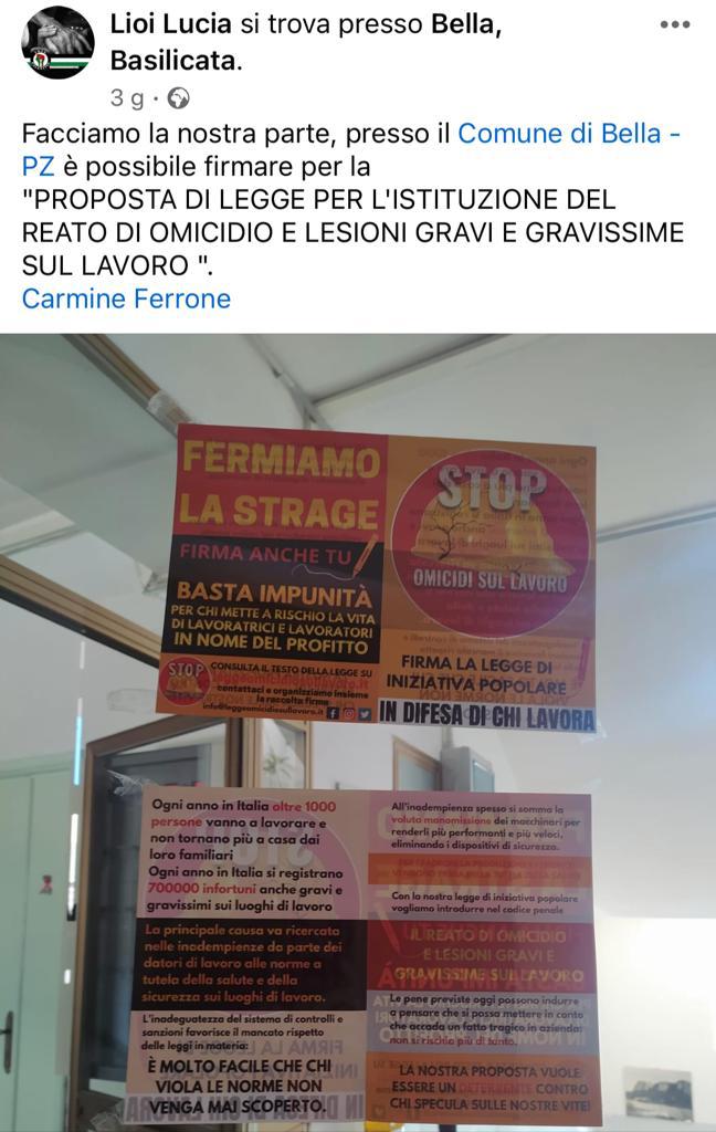 A Bella raccolta firme a sostegno proposta Legge di iniziativa popolare su omicidio sul lavoro bella