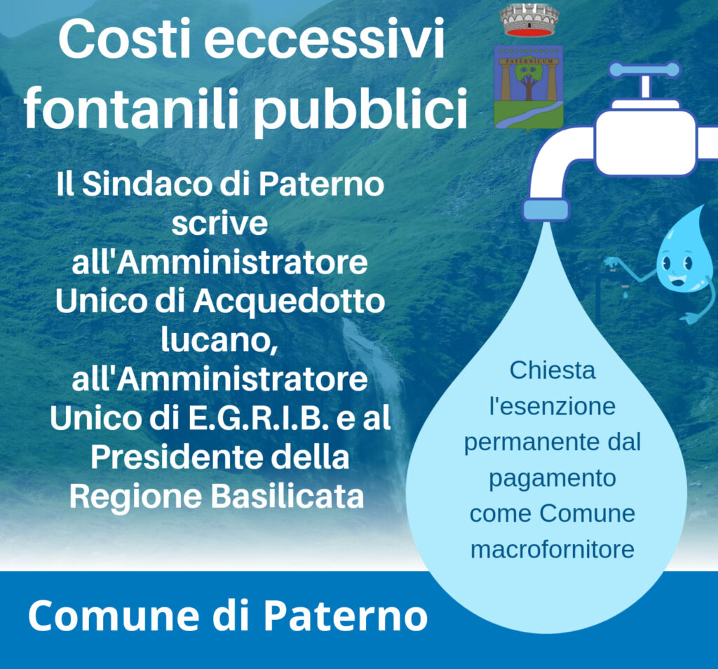 Eccessiva gravosità costi fontanili pubblici: Il Comune di Paterno chiede esenzione pagamenti in quanto macrofornitore paterno