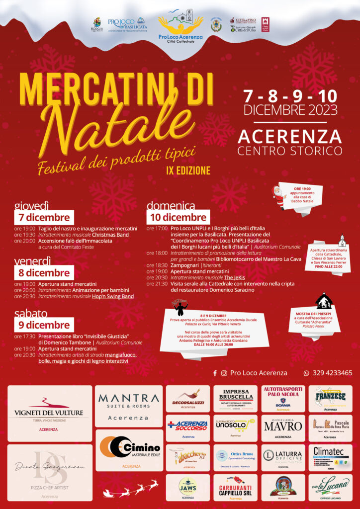 DAL 7 AL 10 DICEMBRE, LA NONA EDIZIONE DEI “MERCATINI DI NATALE DI acerenzaACERENZA”