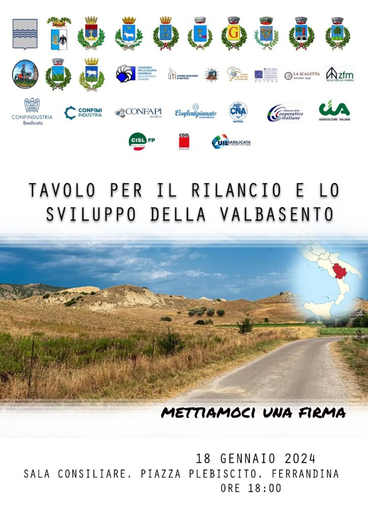 Tavolo per il rilancio e lo sviluppo della valbasento. A valbasentoFerrandina la firma del documento programmatico tavolo,ferrandina