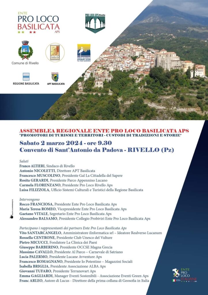 A Rivello l'assemblea annuale di Ente Pro Loco Basilicata con le istituzioni e gli enti di terzo settore per la nuova programmazione associativa rivello