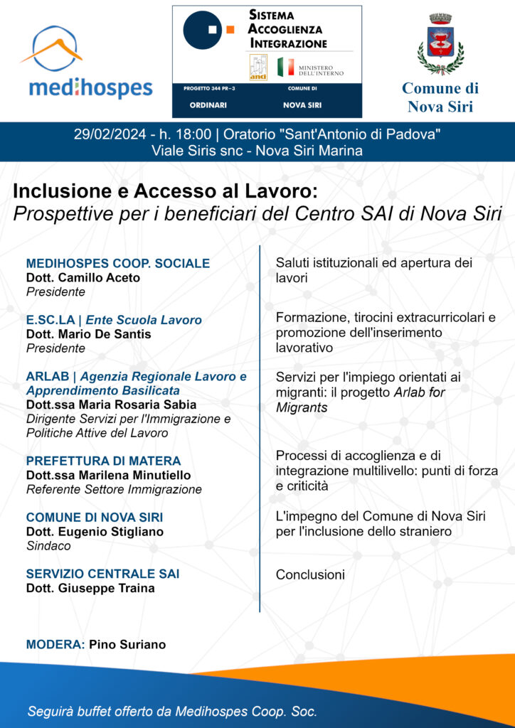 INCLUSIONE E ACCESSO AL LAVORO. INCONTRO SULL'ACCOGLIENZA DEI MIGRANTI A NOVA SIRI IL 29 FEBBRAIO