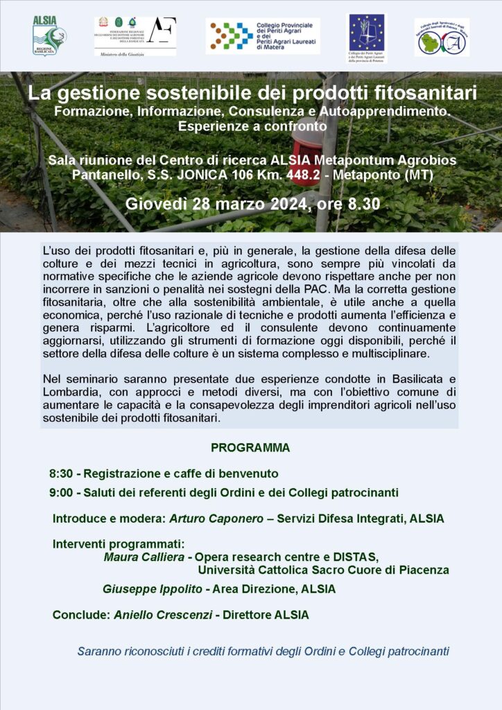 Giovedì 28 marzo, gestione sostenibile dei prodotti fitosanitari nell'azienda agricola. gestione