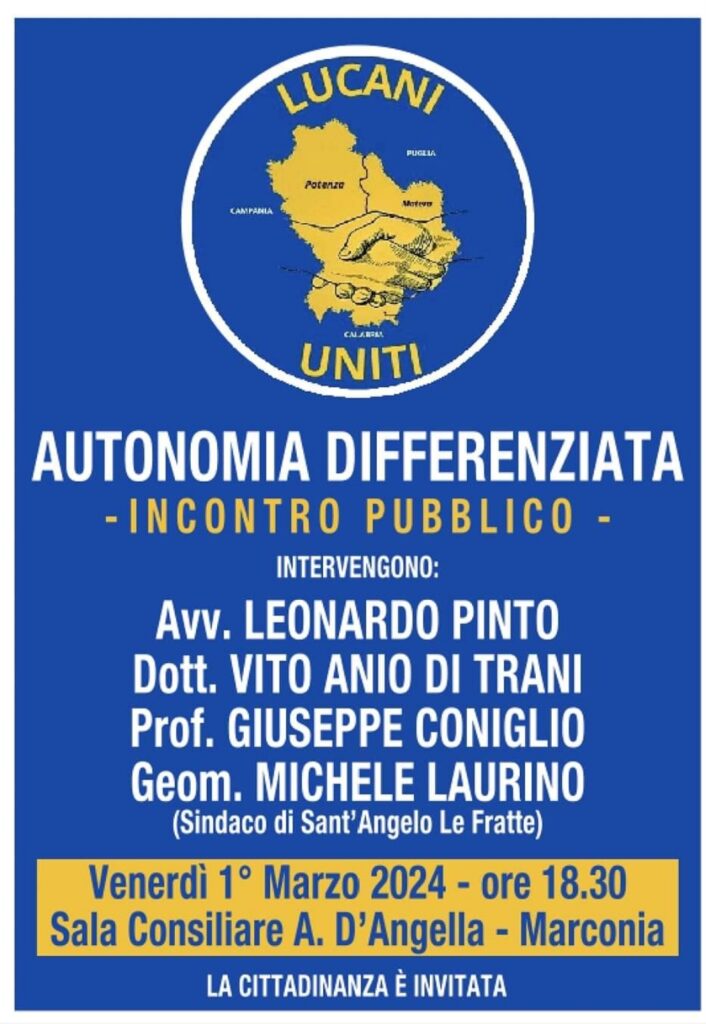 LUCANI UNITI. Incontro pubblico questa sera a Marconia su Autonomia differenziata Marconia