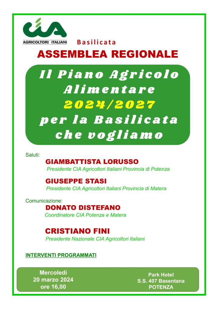 Cia: mercoledì 20 Assemblea regionale per presentare Piano Agricolo Alimentare 2024-2027 cia