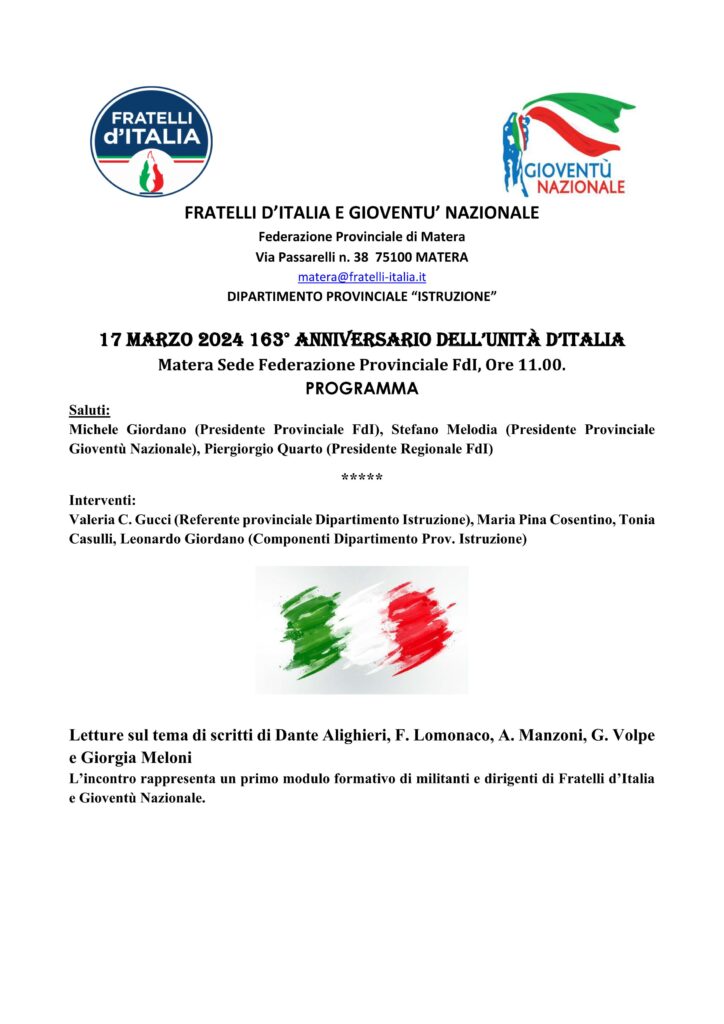 A Matera, manifestazione celebrativa sull’anniversario del conseguimento dell’Unità Nazionale Matera