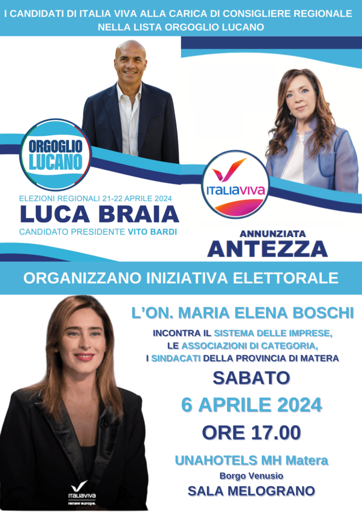 On. Boschi IV incontra imprese, professionisti e associazioni. A Matera sabato 6 aprile con i candidati Luca Braia e Annunziata Antezza imprese,candidati