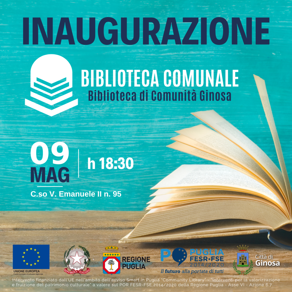 GINOSA (TA) APRE LA COMMUNITY LIBRARY: INAUGURAZIONE 9 MAGGIO 2024 inaugurazione