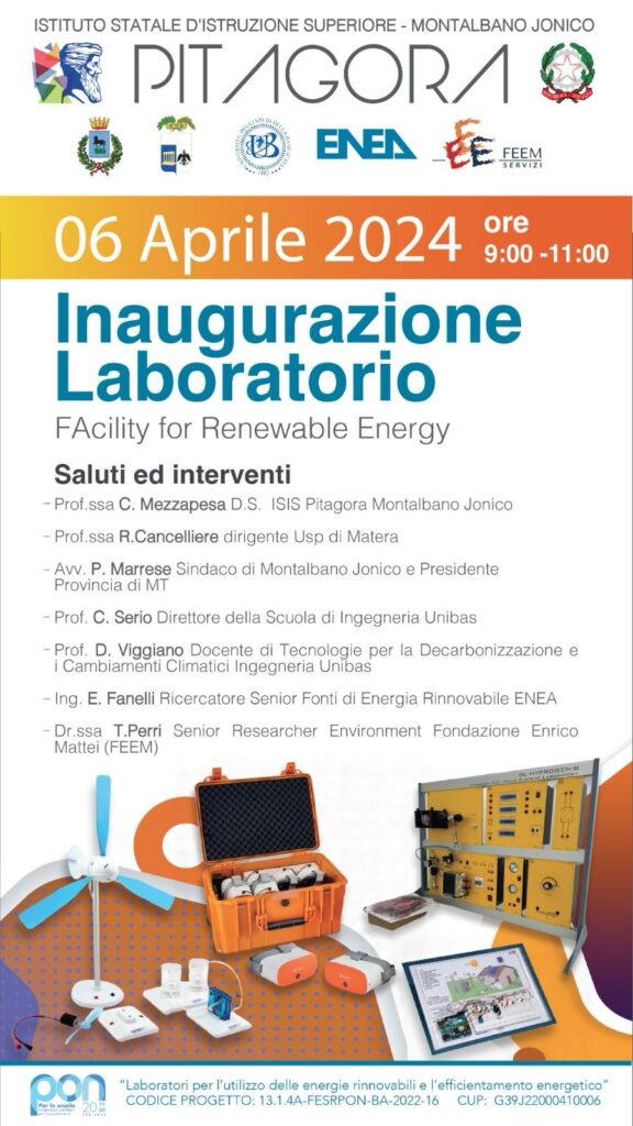 Montalbano Jonico, il 6 aprile l’inaugurazione del laboratorio FARE (Facility for Renewable Energy) dell’Isis Pitagora. montalbano