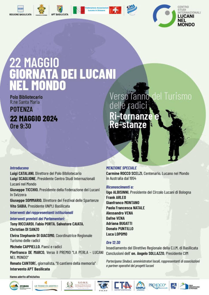 POTENZA: 22 MAGGIO 2024 GIORNATA DEI LUCANI NEL MONDO Mercoledi 22 Maggio – ore 09.30 - Polo Bibliotecario Rione S.Maria