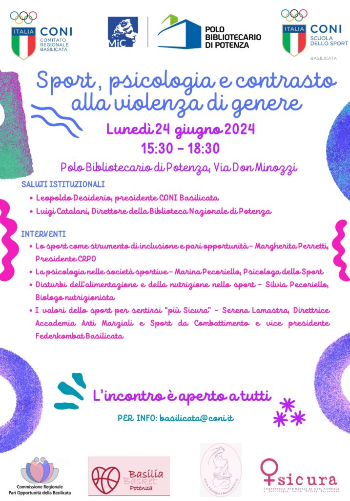 CONI BASILICATA. "Sport, psicologia e contrasto alla violenza di genere": un convegno al Polo Bibliotecario di Potenza, 24 giugno ore 15:30 violenza di genere