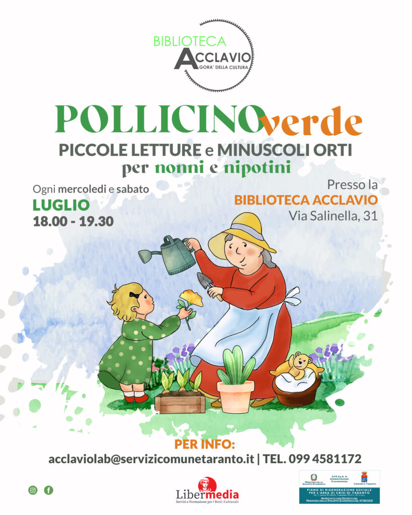 Dal 1° luglio le attività si spostano alla Biblioteca Acclavio in via Salinella 31 a Taranto agli stessi orari e nelle stesse giornate. biblioteca