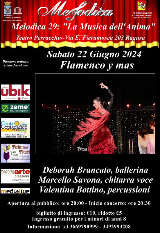 Musica: si chiude con un omaggio al flamenco la 29° stagione di Melodica. Con la bailaora Deborah Brancato e i musicista Marcello Savona e Valentina Bottino sabato 22 giugno al Teatro Perracchio di Ragusa musica