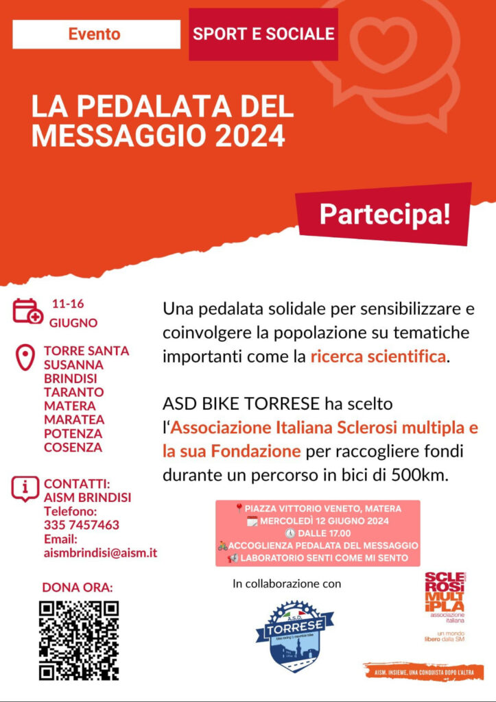 La pedalata del messaggio 2024, da oggi al via la pedalata solidale AISM e FISM. Tra le tappe anche Matera pedalata