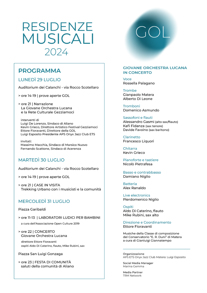Da Aliano, parte il progetto sulle Residenze musicali in Basilicata con la Giovane Orchestra Lucana (G.O.L.) dell’Onyx Jazz Club