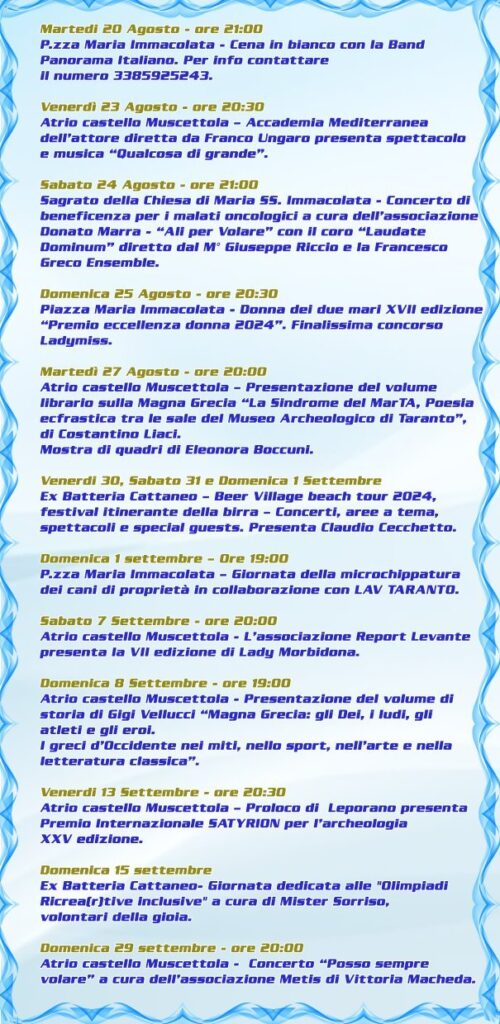 LEPORANO ACCENDE L’ESTATE CON 50 APPUNTAMENTI AL VIA LA 27° EDIZIONE “ RIVIVI L’ESTATE LEPORANESE” edizione,estate