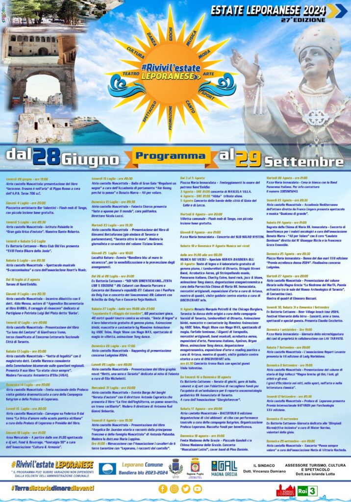 LEPORANO ACCENDE L’ESTATE CON 50 APPUNTAMENTI AL VIA LA 27° EDIZIONE “ RIVIVI L’ESTATE LEPORANESE” edizione,estate