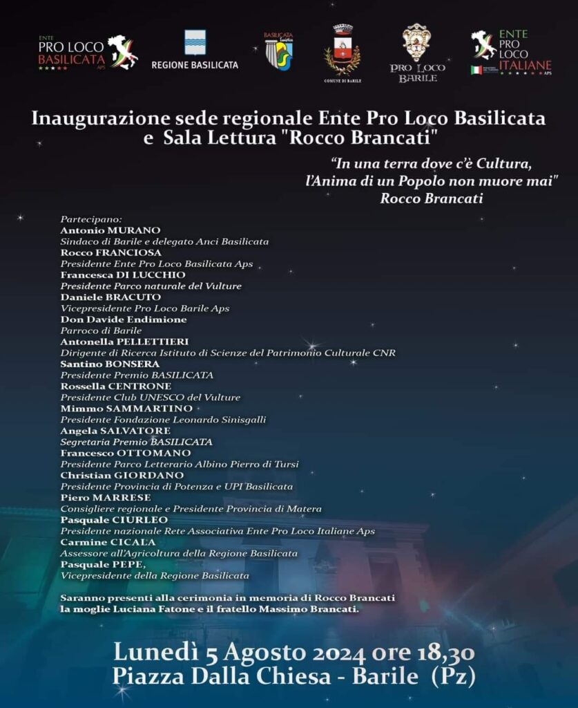 A Barile la cerimonia di inaugurazione della sede regionale Ente Pro Loco Basilicata e l'intitolazione della sala lettura "Rocco Brancati" Barile