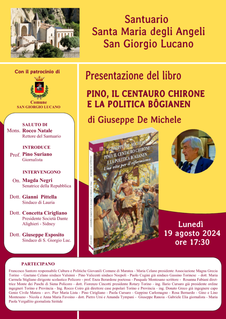 “Pino, il centauro Chirone e la politica Bogianen”. A San Giorgio Lucano la presentazione del libro. San giorgio