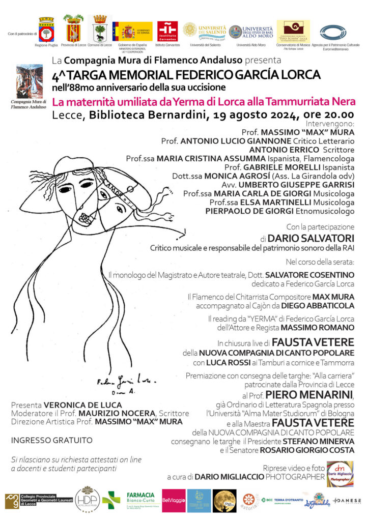 Omaggio a Federico Garcìa Lorca tra versi e note: Lunedì 19 Agosto a Lecce il Premio Nazionale dedicato al grande poeta Andaluso Lecce