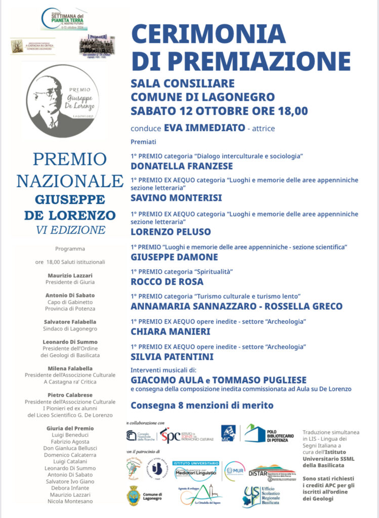 II 12 ottobre, alle ore 18 a Lagonegro, la cerimonia conclusiva del "Premio nazionale letterario Giuseppe De Lorenzo cerimonia