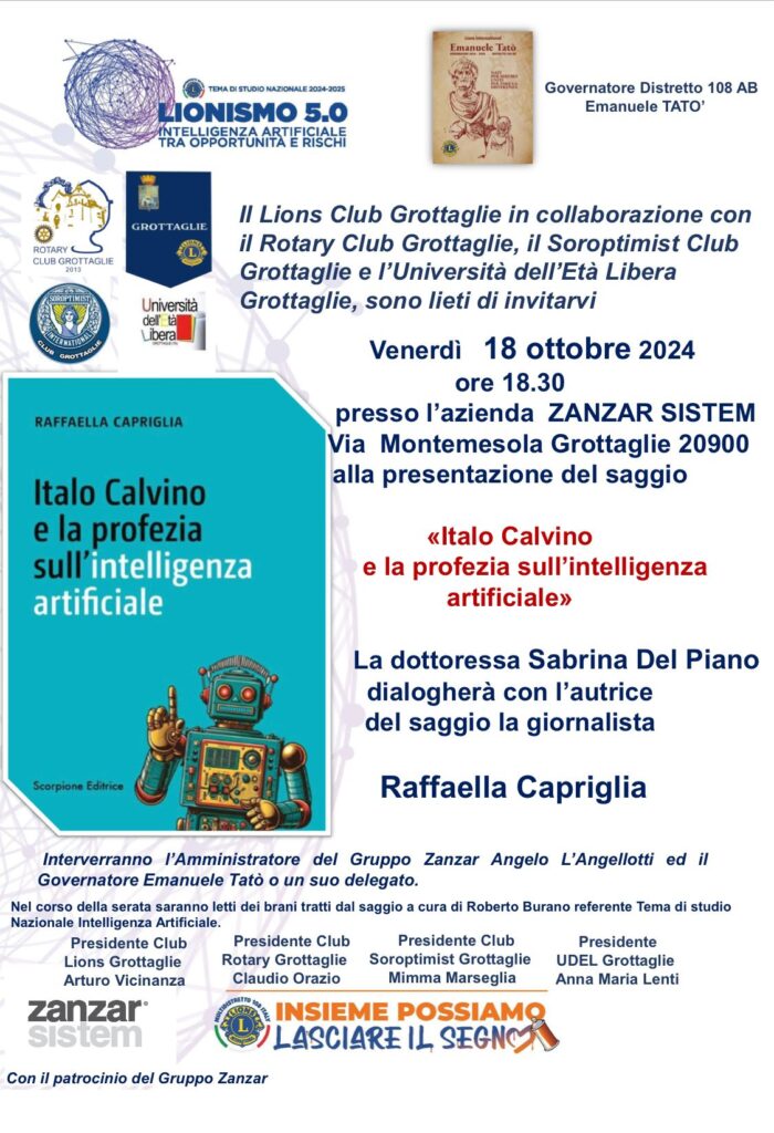 Lions Grottaglie presentazione libro "Italo Calvino e la profezia sull'intelligenza artificiale" di Raffaella Capriglia